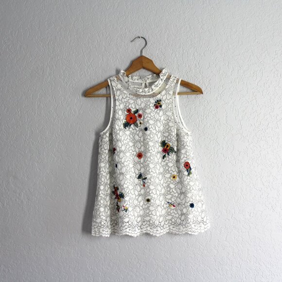 Anthropologie Maeve Macie Tank Top White Lace Floral Embroidered beaded size 0 - Picture 1 of 15